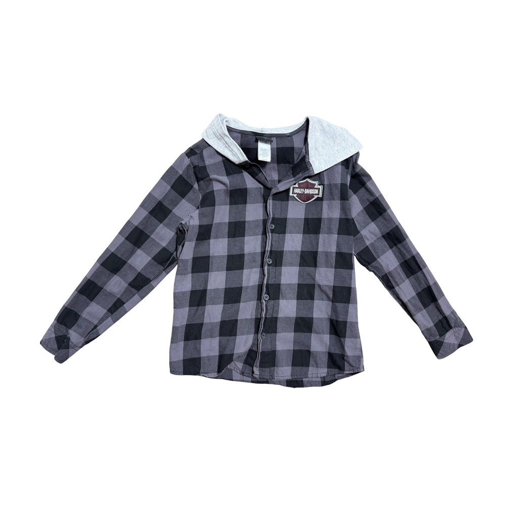 Harley-Davidson Shirt Youth 12-14 Black‎ Plaid Hooded Long Sleeve Button Front